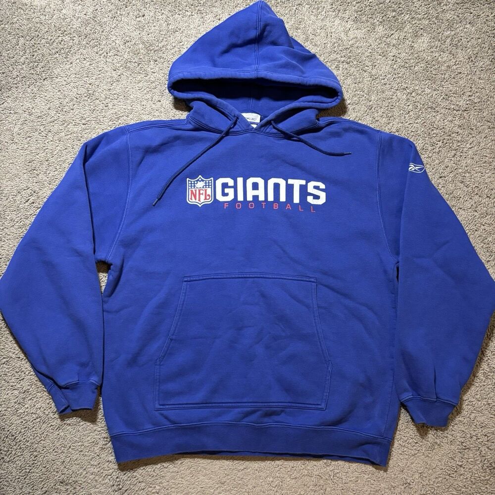 VTG Reebok New York Giants NFL Football Hoodie Mens Medium Blue Sweatshirt